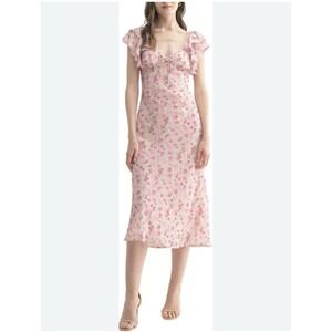 NWT Lush Tie V-Neck Frill Sleeve Floral Print Midi Slip Dress Petal Pink Size L